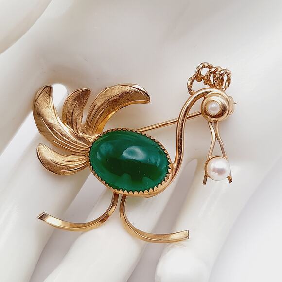 Vintage 1950s Unsigned Princess Pride Creation Bird Pearl Green Glass Brooch - Picture 1 of 9